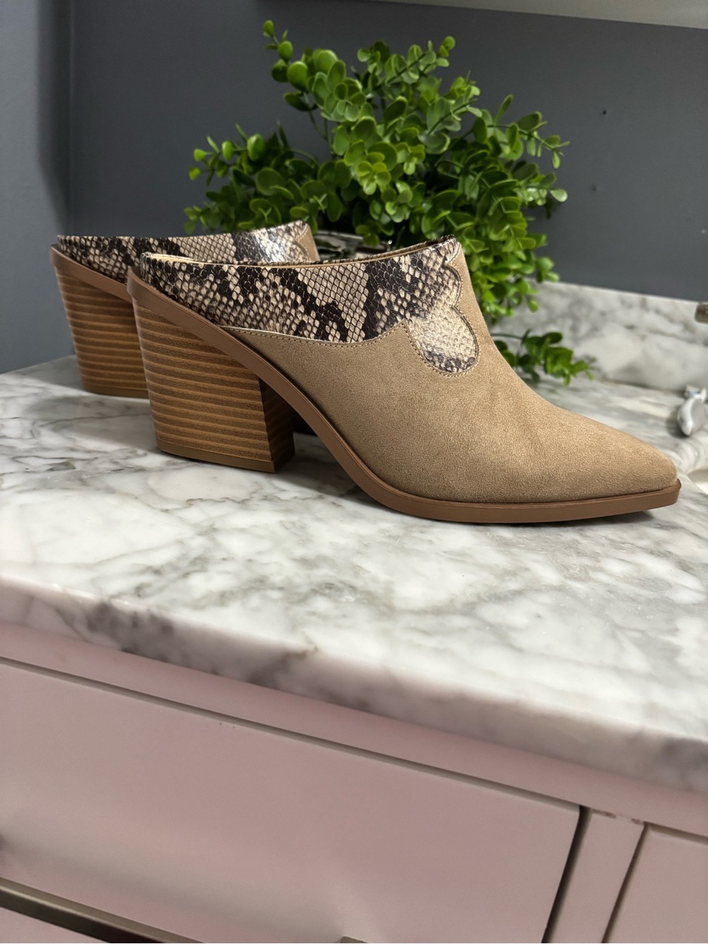 JustFab Taupe Suede Mule Clogs with Snakeskin Trim